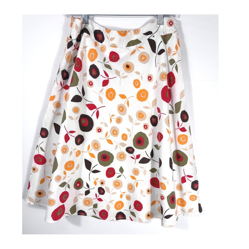 A-Line Midi Skirt Linen Blend Floral Retro 70s Cottagecore Size 10